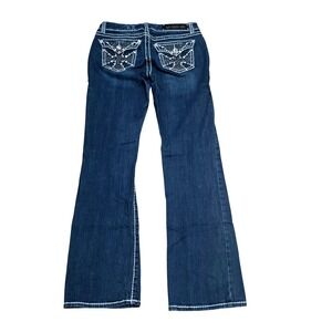 LA Idol USA Women Dark‎ Wash Rhinestone Cross Flare Jeans Thick Stitch Size 9
